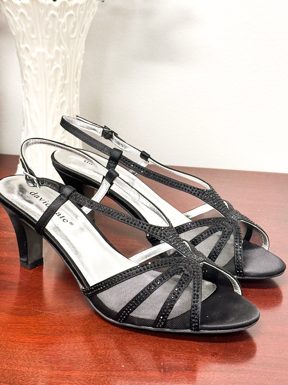 NIB David Tate Reveal Black Satin Rhinestone Evening Sandals | Size 8W